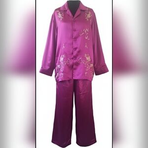 Vintage Hand Embroidery Glam Raspberry Silky Linen Dragon Pajama Set New